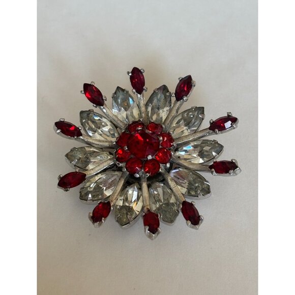 Kramer of New York Pin Brooch Vintage Jewelry Red Rhinestones Sparkles 2 inch - Picture 2 of 7